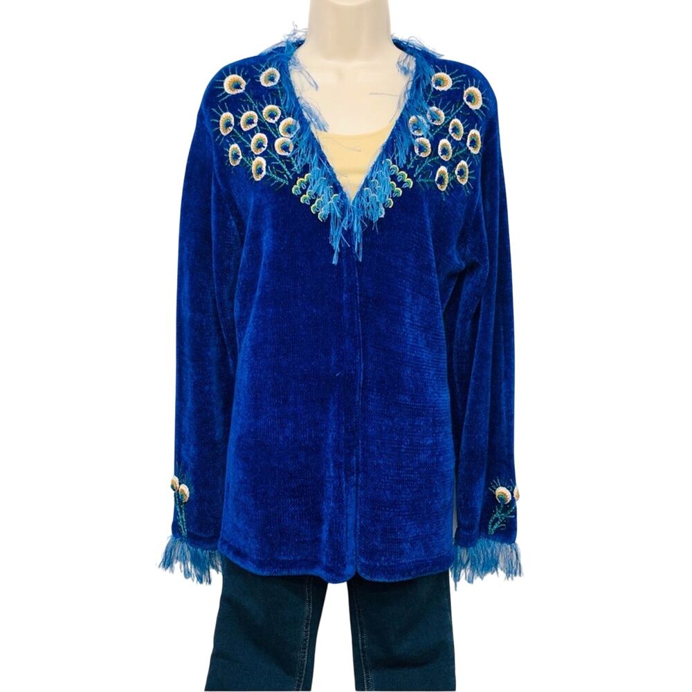 That Sweater Peacock Embroidered Cardigan Flattering Fringed V Neckline Cuffs